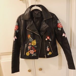 Floral Embroidery Leather Jacket